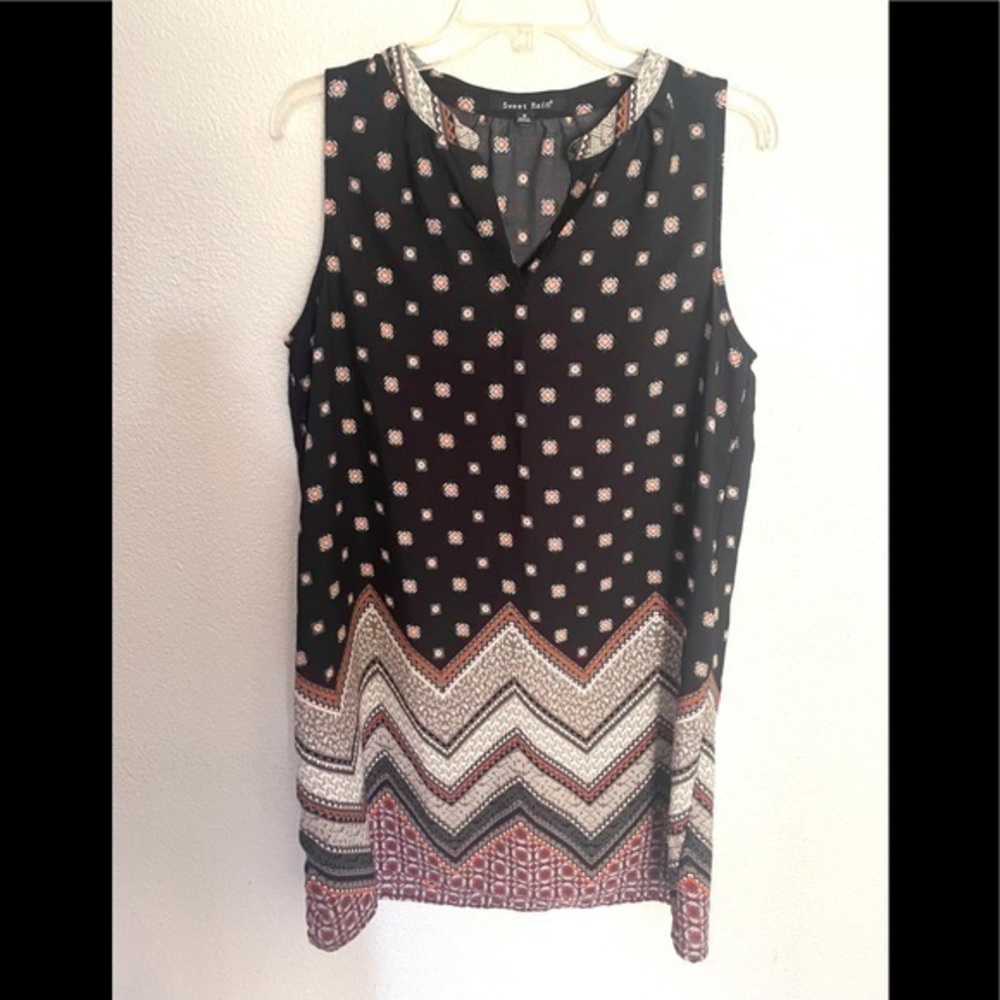 SWEET RAIN sleeveless black and orange casual tunic print sheath dress - medium